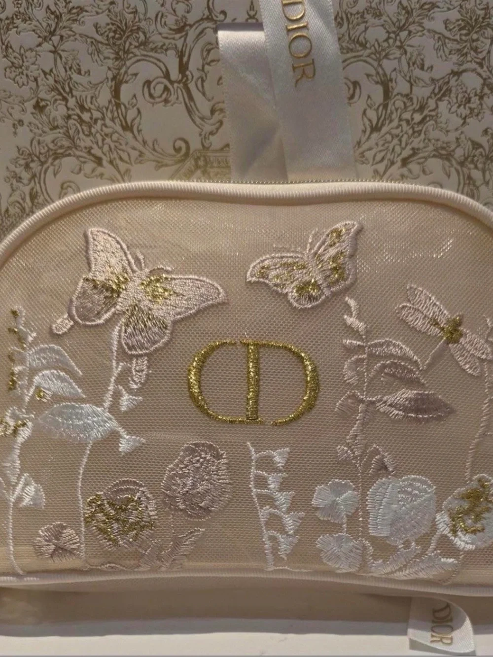 Dior Butterfly Floral Embroidered Cosmetic Makeup Pouch w/ Gift Box NWT
